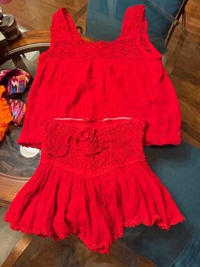 Jens Pirate Booty Red Crochet Trim Two-Piece Set - Tank Top and Shorts